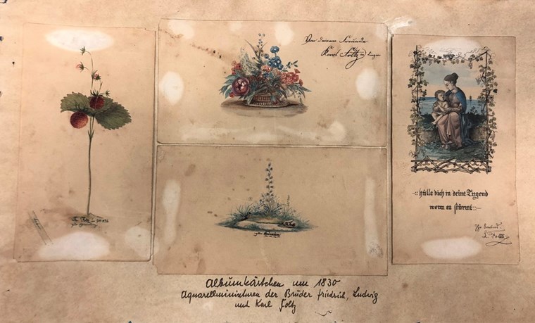 Albumkärtchen der Brüder Friedrich, Karl und Ludwig, datiert um 1830, Aquarell, Feder