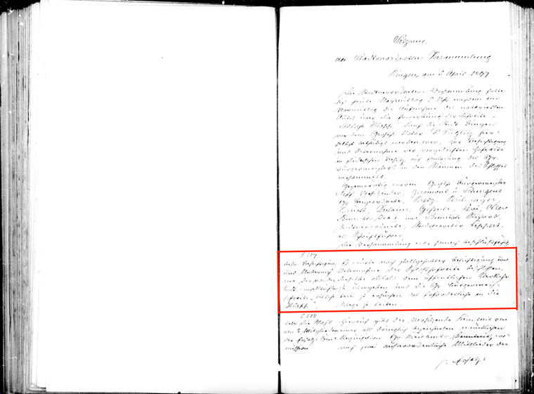 Ausschnitt aus dem Stadtratsprotokoll vom 5. April 1897. § 517 behandelt den Kauf der Burg Klopp