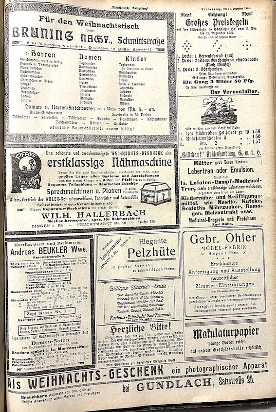 Anzeigen von Dezember 1924 in der Mittelrheinischen Volkszeitung.