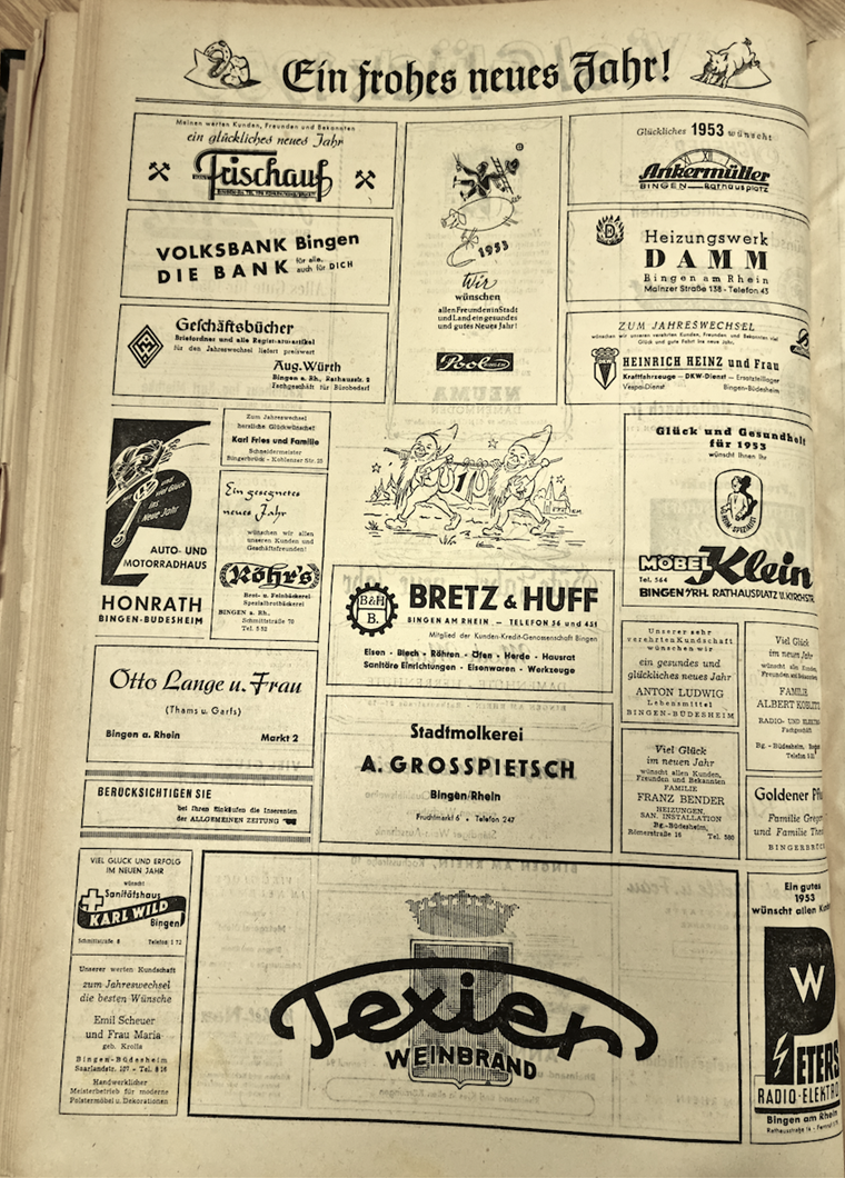 Binger Anzeigenteil aus der Silvesterausgabe der Allgemeinen Zeitung, 1952