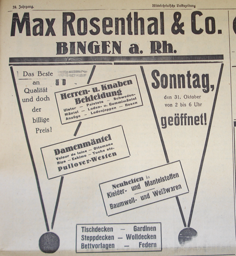 Anzeige des Modegeschäfts von Max Rosenthal