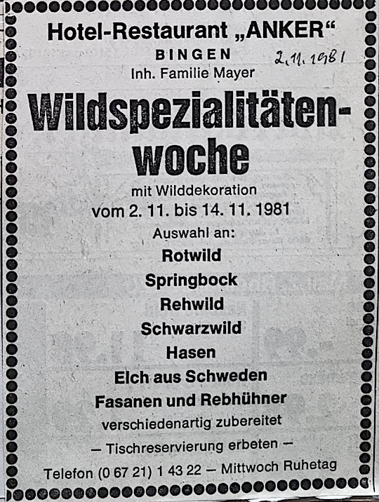 Wild-Spezialitätenwoche, 1981.