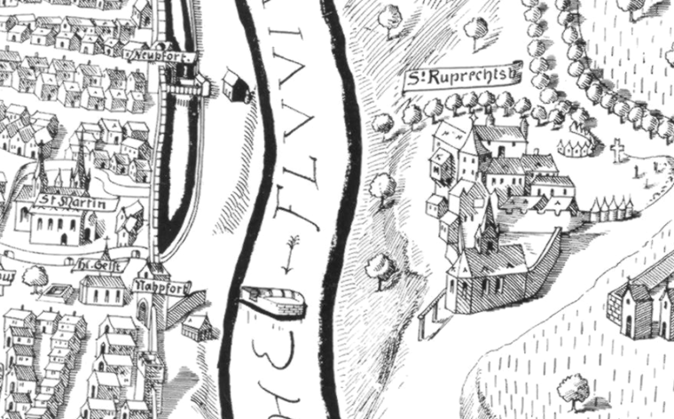 Ausschnitt aus dem Binger Mascop-Plan (1577) mit dem noch unzerstörten Kloster Rupertsberg