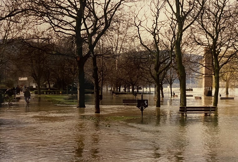 Hochwasser 1988. Das Foto zeigt die Rheinanlagen vor der Landesgartenschau 2008.