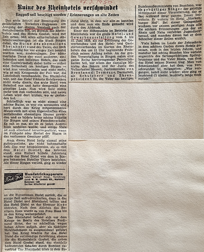Bereits am 17. März 1956 erschien die Meldung "Ruine des Rheinhotels verschwindet" in der AZ.