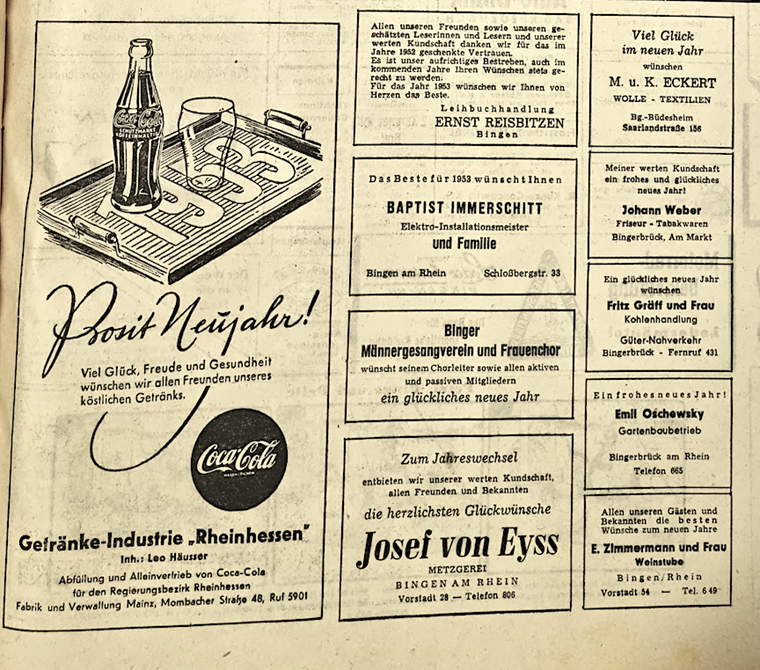 Binger Anzeigenteil aus der Silvesterausgabe der Allgemeinen Zeitung, 1952