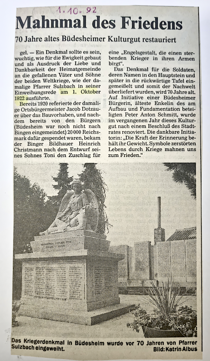 Büdesheimer Mahnmal des Friedens – Volkstrauertag