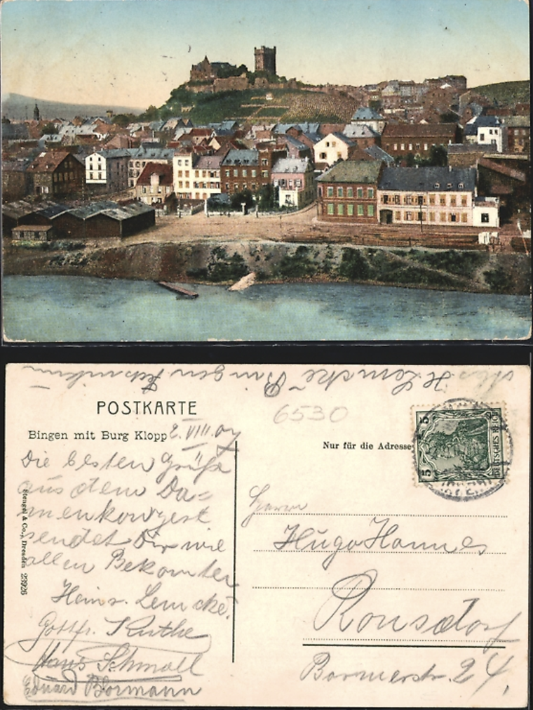 Die Postkarte mit einer Ansicht von Bingen schrieb ein Binger Technikumsstudent 1907 nach Ronsdorf (seit 1929 Stadtteil von Wuppertal).