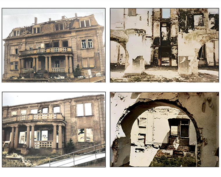 Die Fotos zeigen das „Herter-Haus“ sowie die durch den Brand freigelegten Arkaden.
