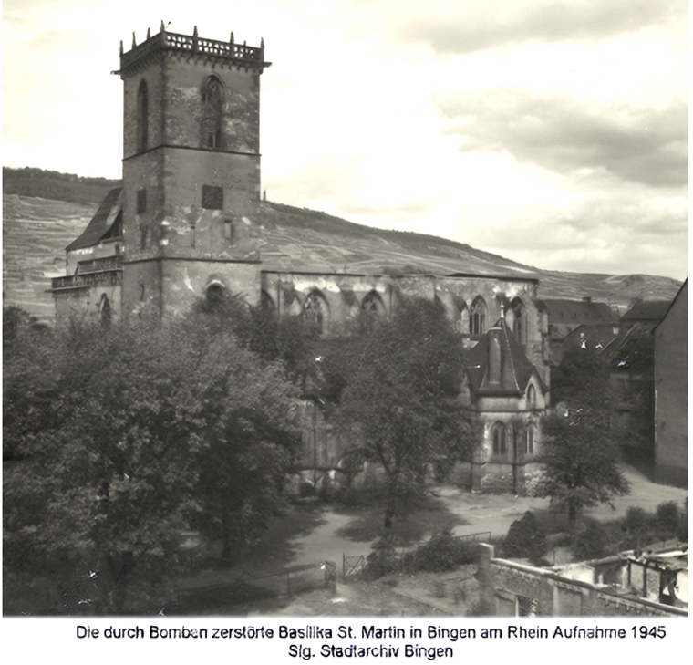 Die zerstörte Binger Basilika, 1945.