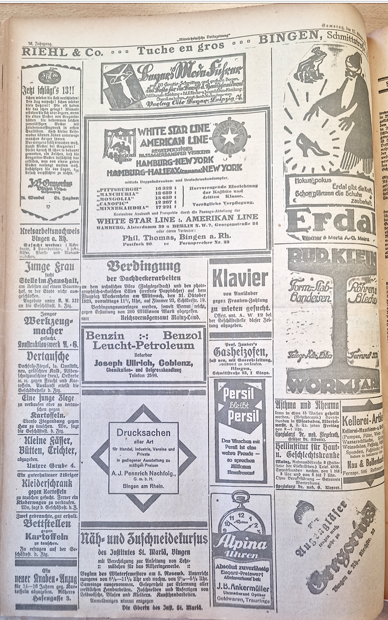 Anzeigenseite Mittelrheinische Volkszeitung vom 27. Oktober 1923