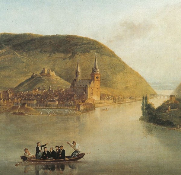 „Bootsszene auf dem Rhein bei Bingen“, Öl auf Eisen, um 1840 Johann Baptist Bachta (1782-1856) zugeschrieben