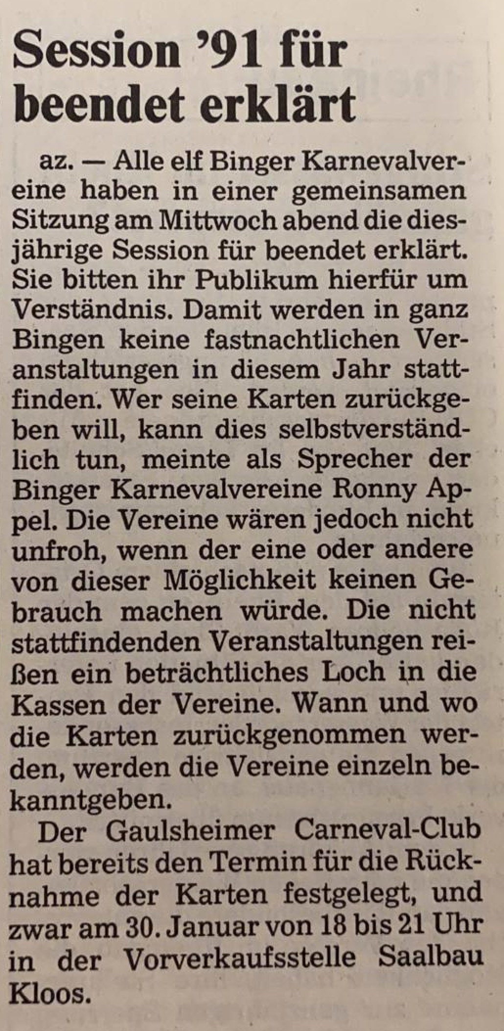 Vor 30 Jahren fiel die Fastnacht aus