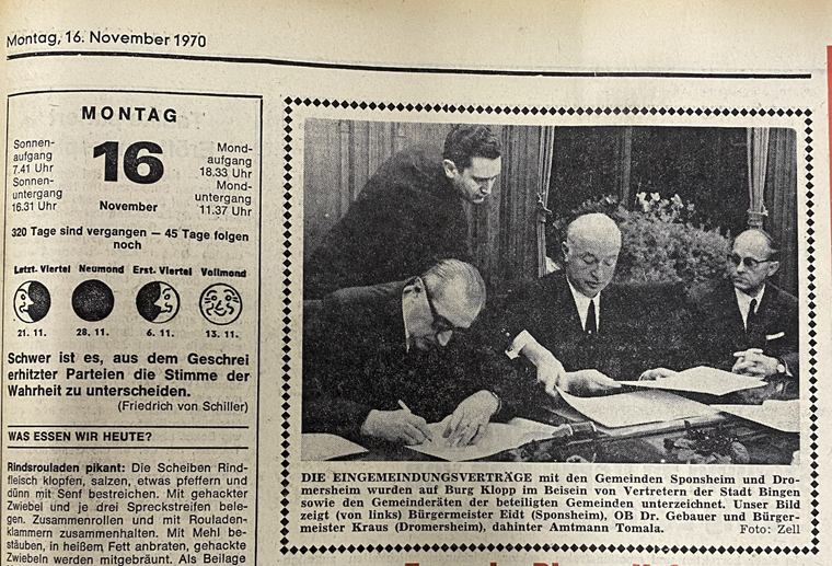 Vor 50 Jahren wurden die Gemeinden Dromersheim und Sponsheim nach Bingen eingemeindet.