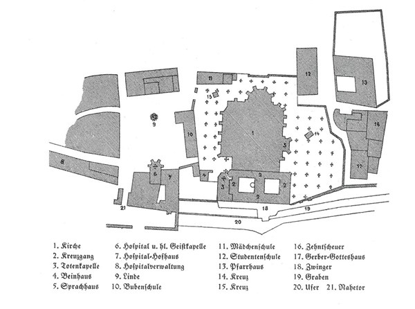 Dies ist ein Lageplan der Basilka St. Martin und der Gebäude rund um den Freidhof zu Beginn des 19.Jahrhunderts. Vergleichen Sie ihn mit heute. 
