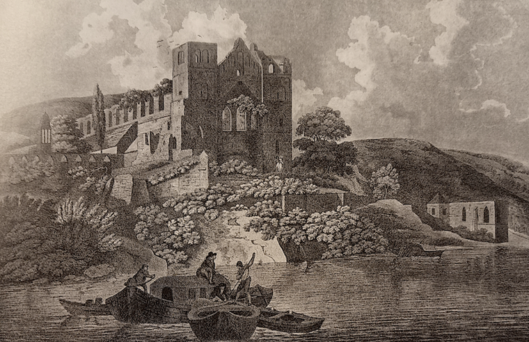Die Ruine des Kloster Rupertsberg um 1770, Grafik von John Gardnor