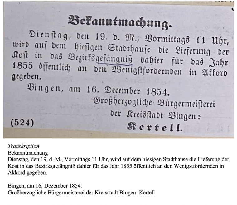 Bekanntmachung der Ausschreibung zur Verköstigung für das Jahr 1855