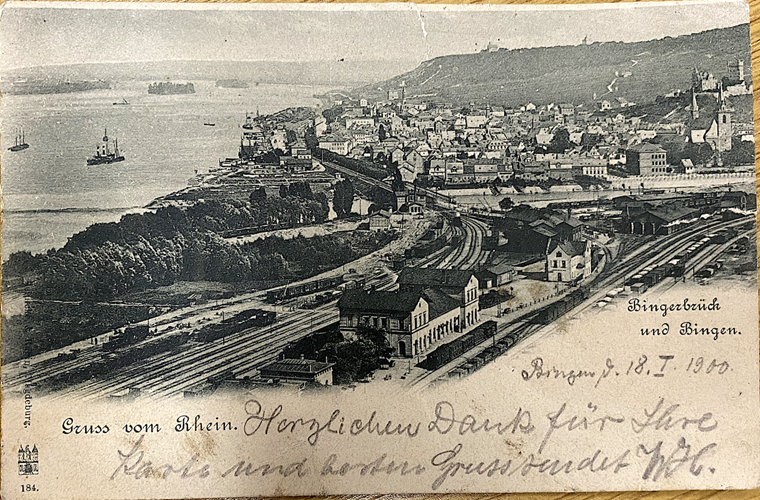 Gelaufene Postkarte mit einem Luftbild von Bingen, um 1880