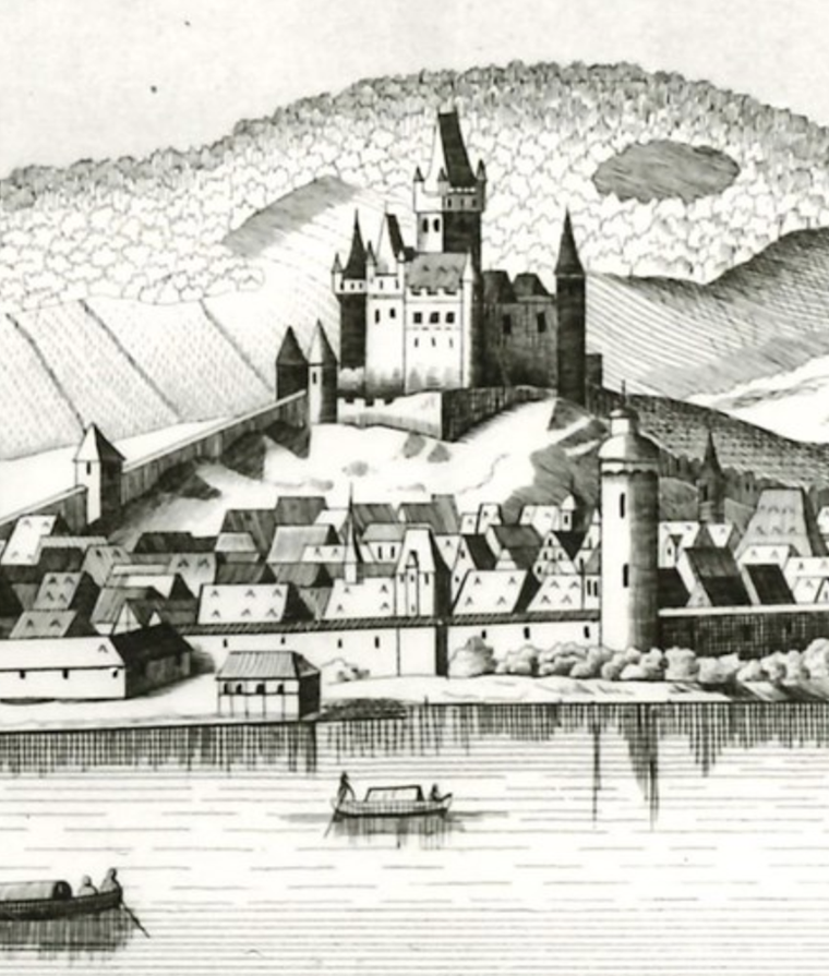Ausschnitt aus dem Stich von Matthäus Merian, der Bingen in den 1630er oder 1640er Jahren vor der Zerstörung durch die französisch-weimarischen Truppen zeigt