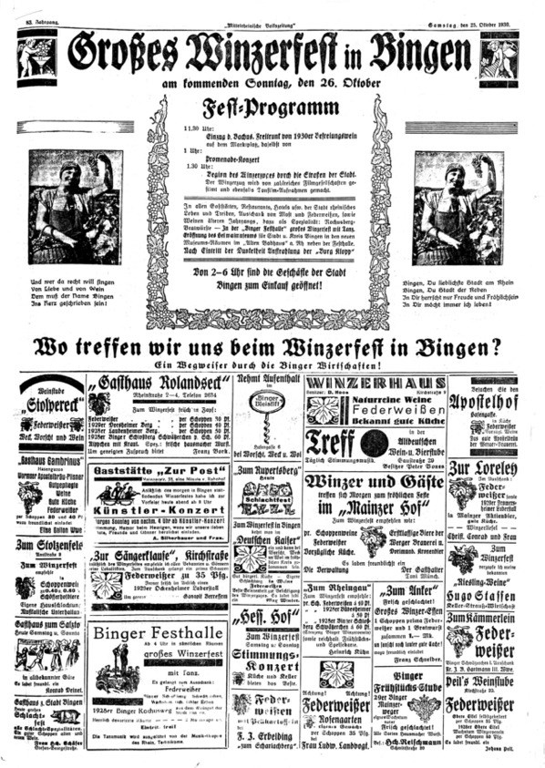 Eine seitenfüllende Anzeige zum Binger Winzerfest 1930 mit Programm und zahlreichen Anzeigen von Gaststätten und Weinstuben
