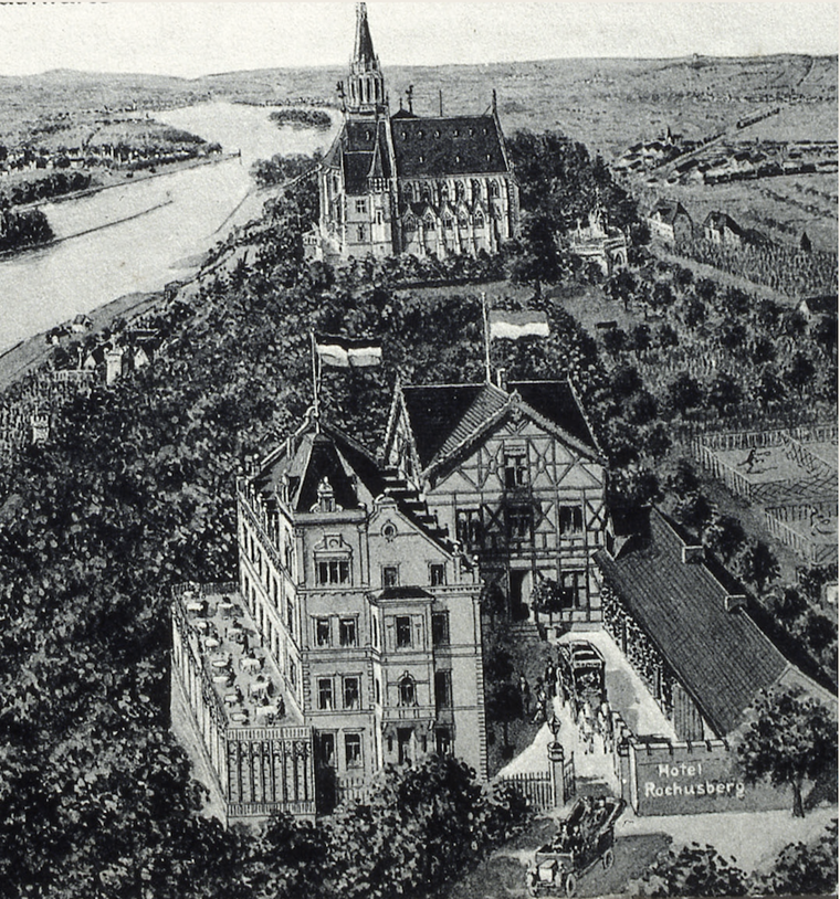 Ein Ausschnitt aus der Postkarte von 1909 mit dem Rochusberger Hotel. An dieser Stelle steht heute das Kloster der Kreuzschwestern.
