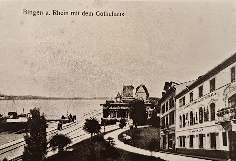 Rheinufer vor dem Hotel „Weißes Ross“, ca. 1905, mit Bahngleisen