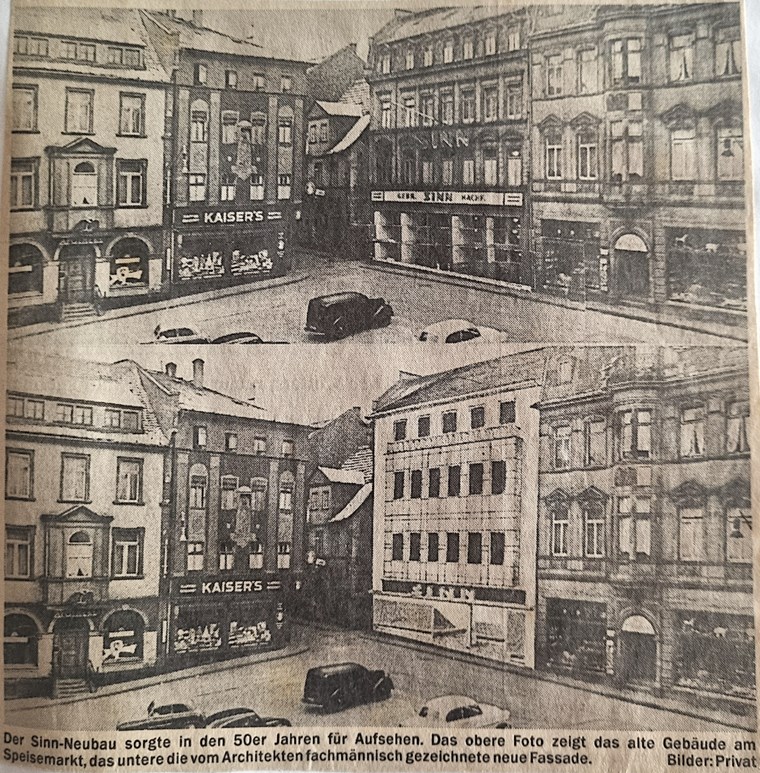 Vorher-Nachher-Bild des Sinn-Neubaus aus einem AZ-Artikel vom 9. August 1994.