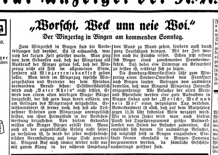 Ankündigung des Winzerfestes 1930 in der Rhein- und Nahe-Zeitung vom 24.10.1930