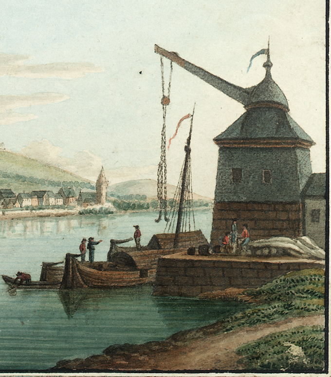 Dieser Ausschnitt aus einer Zeichnung von Christian Georg Schütz zeigt den Binger Kran in Aktion, 1787.