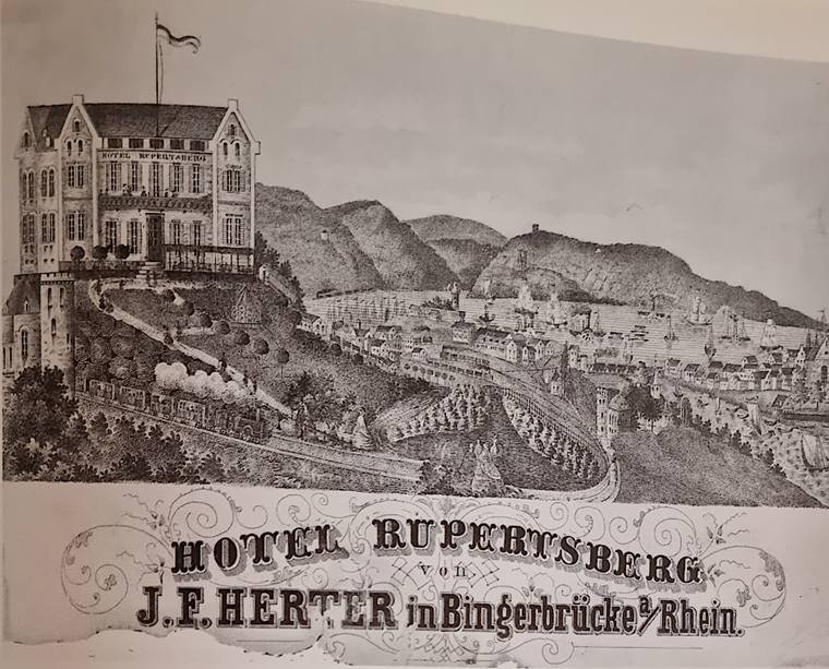 Rechnungsformular Hotel Rupertsberg, ca. 1860, mit einer in der Perspektive verzerrten Darstellung von Gebäude und Rhein-Nach-Eck, Zeichnung anonym