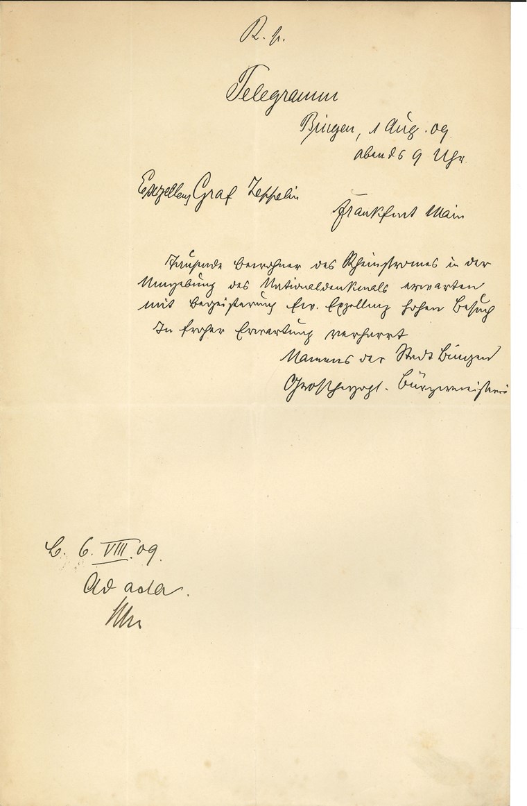 Telegramm der Stadtverwaltung Bingen an Graf Zeppelin (Stadtarchiv Bingen, Best. 13, Nr. 15)