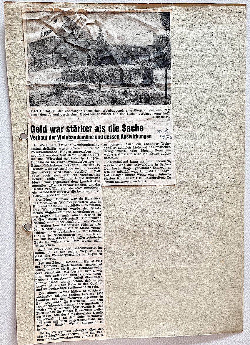 Vor 100 Jahren: Eröffnung der Staatlichen Weinbaudomäne Büdesheim