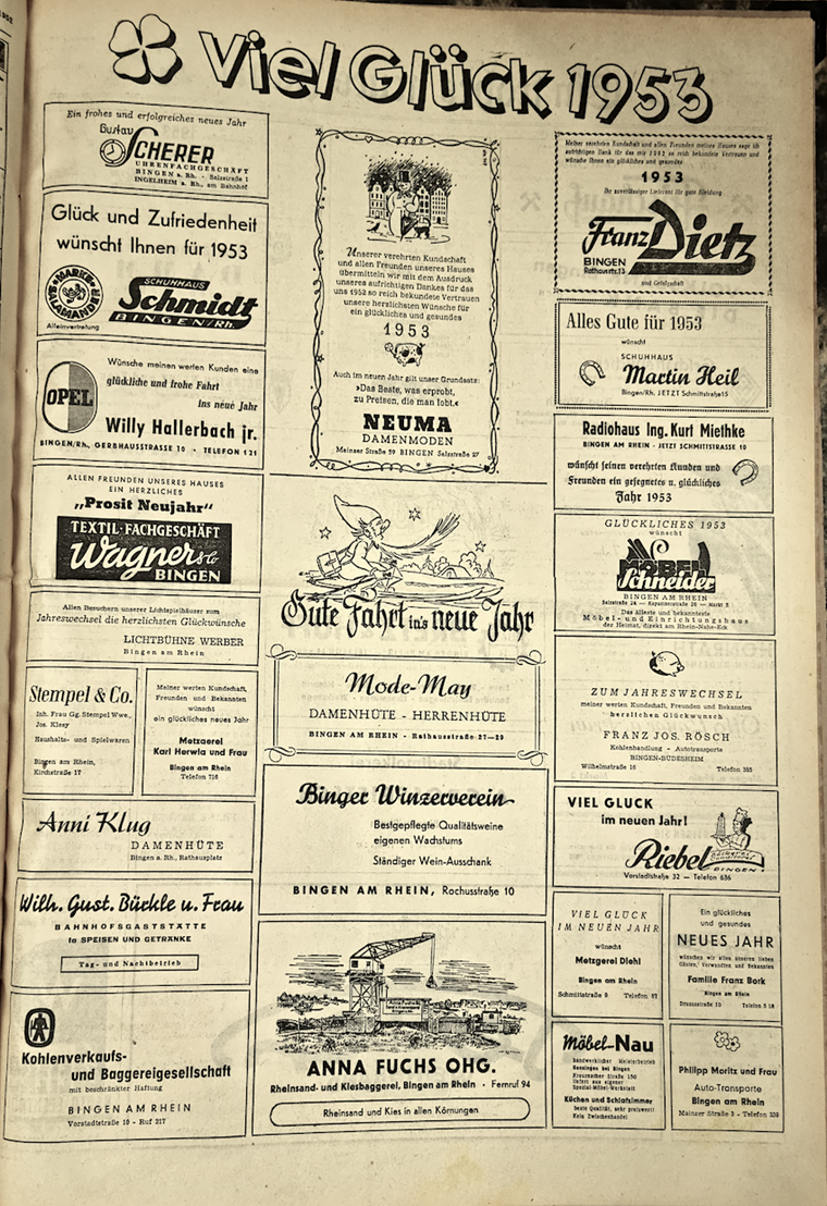 Binger Anzeigenteil aus der Silvesterausgabe der Allgemeinen Zeitung, 1952