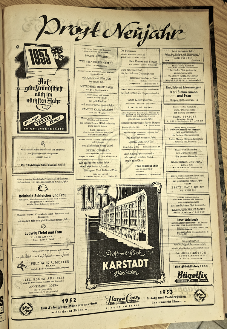 Binger Anzeigenteil aus der Silvesterausgabe der Allgemeinen Zeitung, 1952