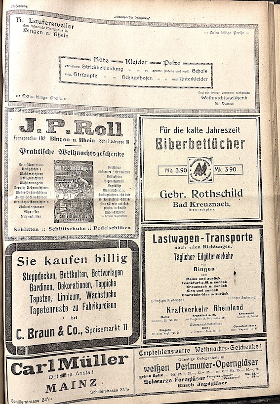 Anzeigen von Dezember 1924 in der Mittelrheinischen Volkszeitung.