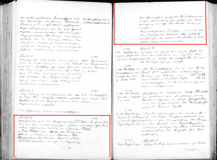 Ausschnitt aus dem Stadtratsprotokoll vom 5. April 1897. § 506 behandelt den Kauf der Burg Klopp