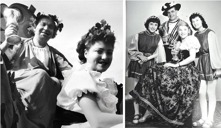 Foto links 1951, das erste Prinzess Schwätzerchen Elli Müller (verh. von Salz) mit Josef Schuber als Bacchus; Foto rechts 1958, Prinzess Schwätzerchen Christa Kunz (verh. Niesters) mit Hans Sperling als Prinz Scharlachberg und zwei Pagen.