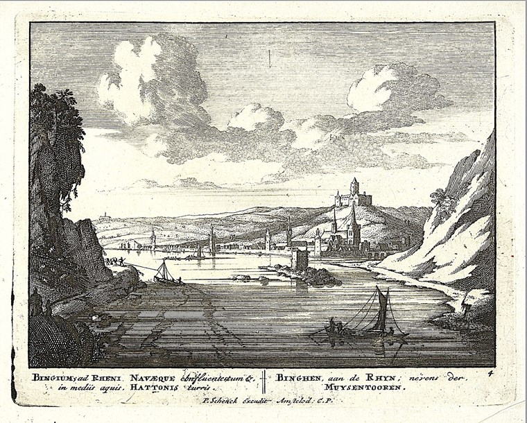 Bingen mit dem alten Schloss Klopp, wie der damalige Bau hieß, vor der Zerstörung. Auf dem Rochusberg erkennt man die erste Rochuskapelle (1666-1795).