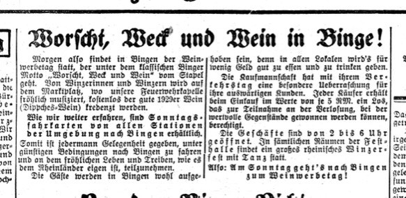 In einem kurzen Artikel wird auch die Verlosung beworben, so hier in einem Artikel in der Rhein- und Nahe-Zeitung vom 26.10.1929.