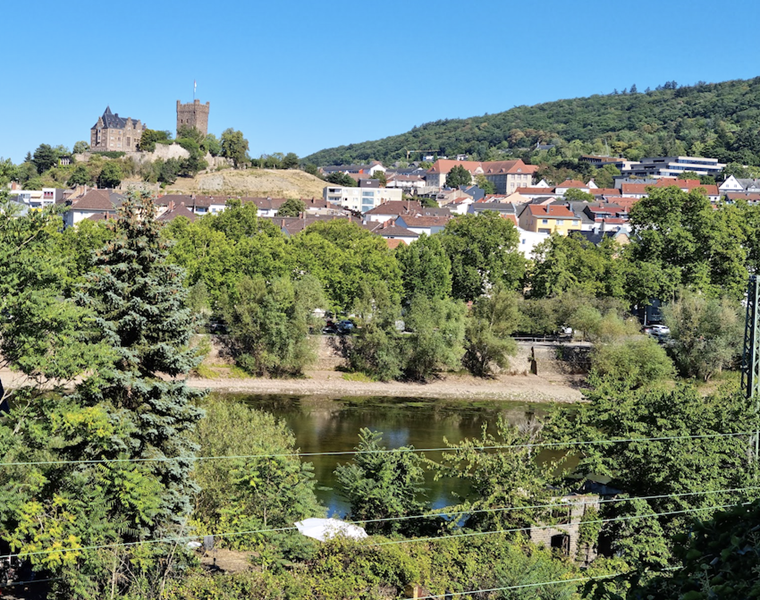 Blick vom Rupertsberg auf Bingen mit dem heutigen Schulzentrum