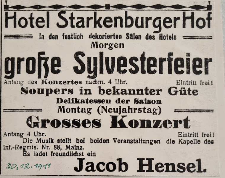 Anzeige zu Silvester 1911, Starkenburger Hof