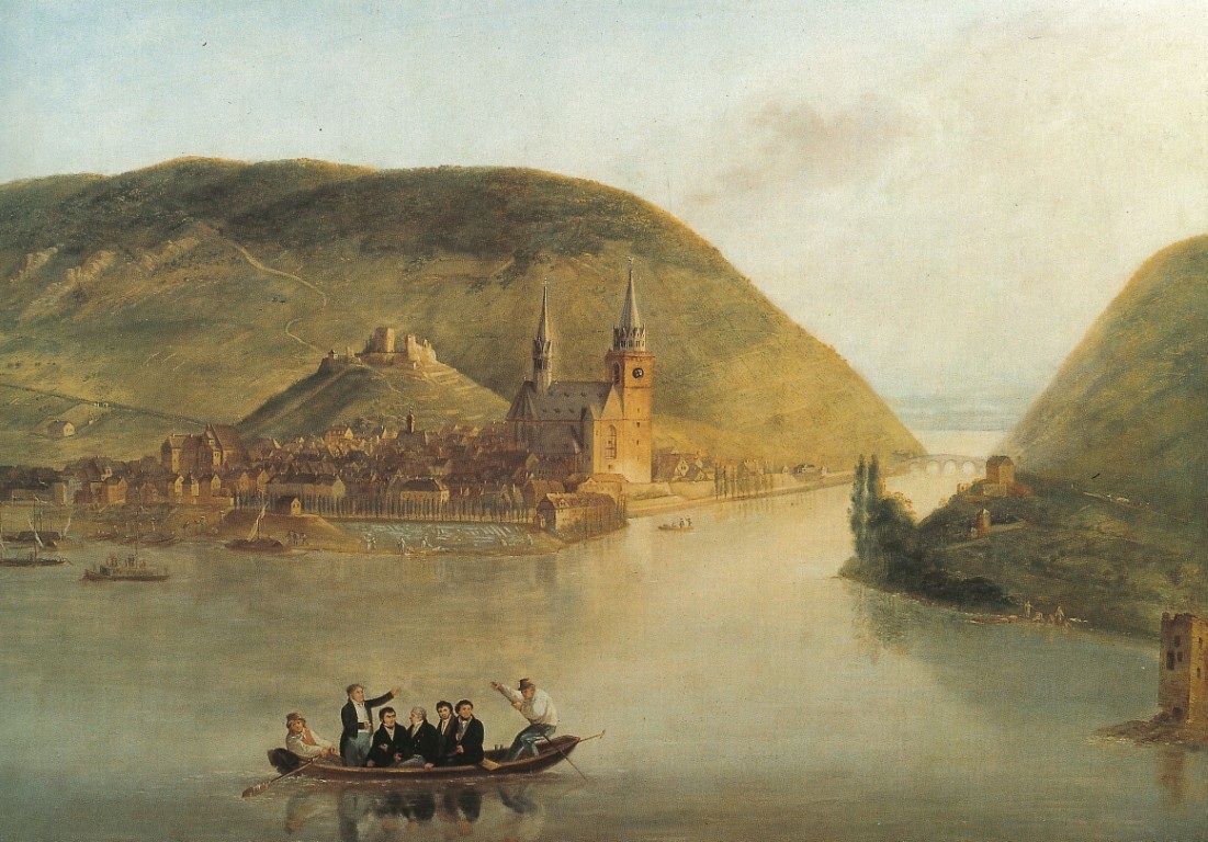 „Bootsszene auf dem Rhein bei Bingen“, Öl auf Eisen, um 1840 Johann Baptist Bachta (1782-1856) zugeschrieben.