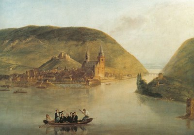 „Bootsszene auf dem Rhein bei Bingen“, Öl auf Eisen, um 1840 Johann Baptist Bachta (1782-1856) zugeschrieben.