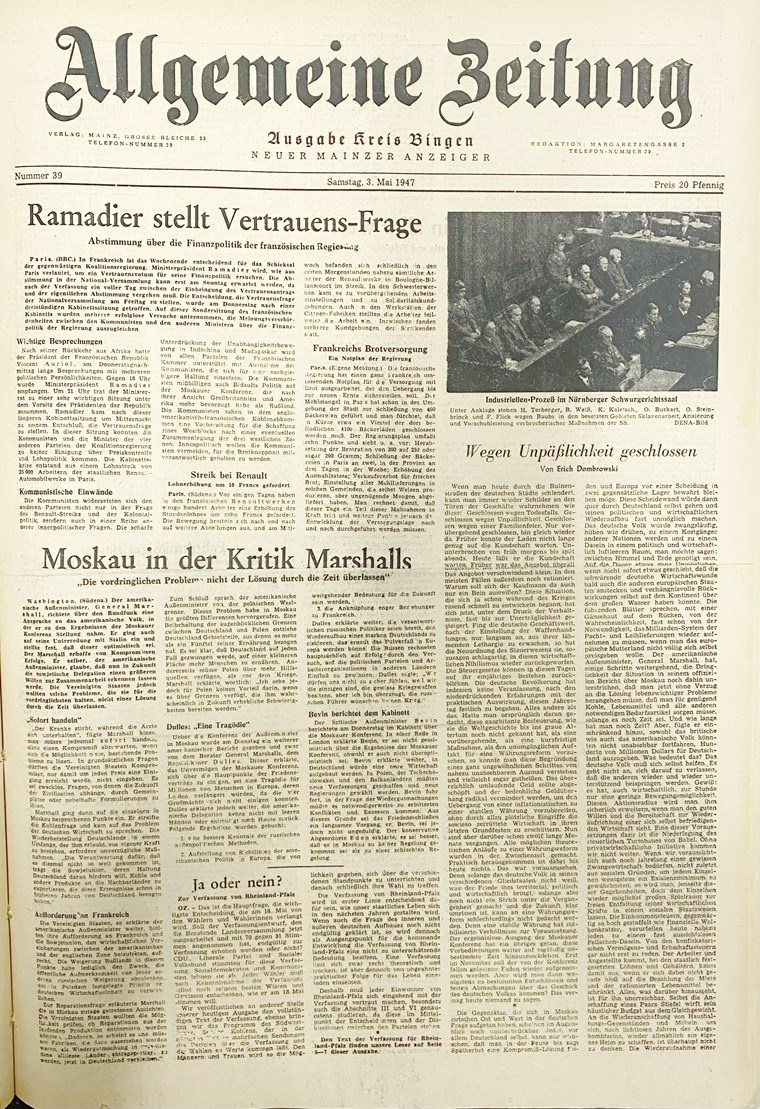 Allgemeine Zeitung, 3. Mai 1947, Seite 1