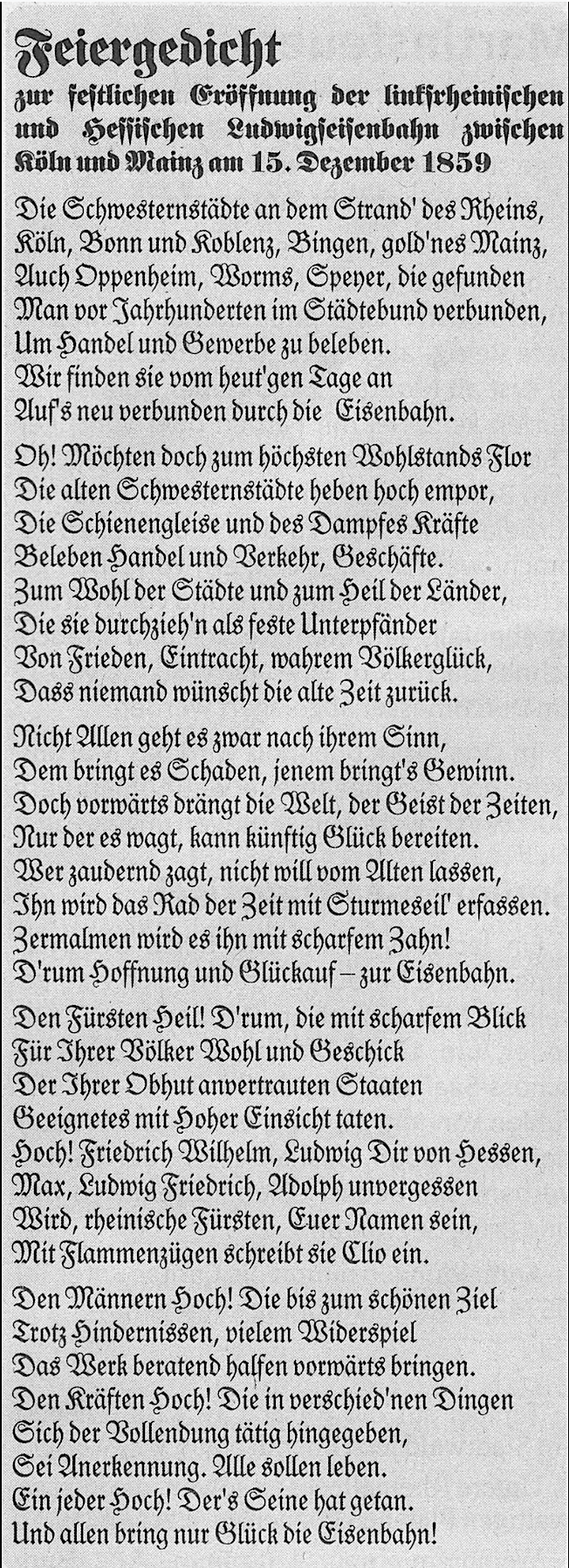 Feiergedicht vom 15. 12.1859 zur Eröffnung der Bahnlinie zwischen Köln und Mainz. Gemeinfrei.