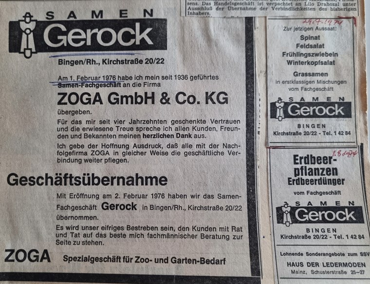 Anzeigen von Samen Gerock, die 1974 und 1976 in der Allgemeinen Zeitung veröffentlicht wurden.