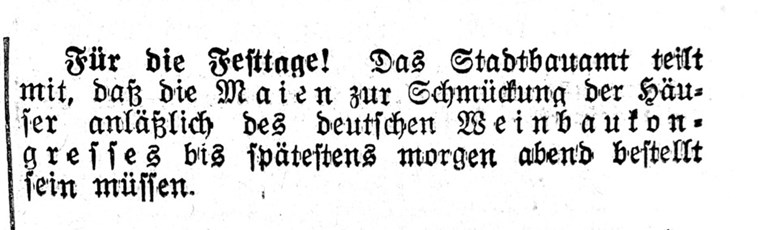 Der Aufruf des Stadtbauamtes mit der Bitte, die Häuser zu schmücken, wurde in der Rhein- und Nahe-Zeitung am 26.08.1931 veröffentlicht.